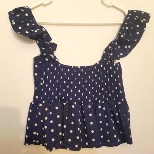 NAVY BLUE AND WHITE POLKA DOT CROP TOP TWIST KNOT AND RUFFLES SIZE SMALL US4